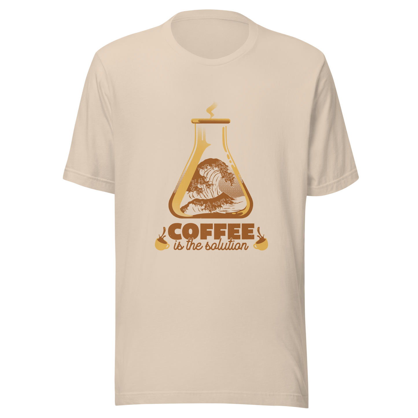 A stylized laboratory flask holding a powerful ocean wave, paired with bold retro typography reading ‘Coffee is the solution’. A playful design that blends science, humor, and coffee culture, perfect for coffee lovers, scientists, students, and anyone who believes caffeine solves most daily problems.
