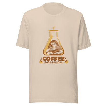 A stylized laboratory flask holding a powerful ocean wave, paired with bold retro typography reading ‘Coffee is the solution’. A playful design that blends science, humor, and coffee culture, perfect for coffee lovers, scientists, students, and anyone who believes caffeine solves most daily problems.