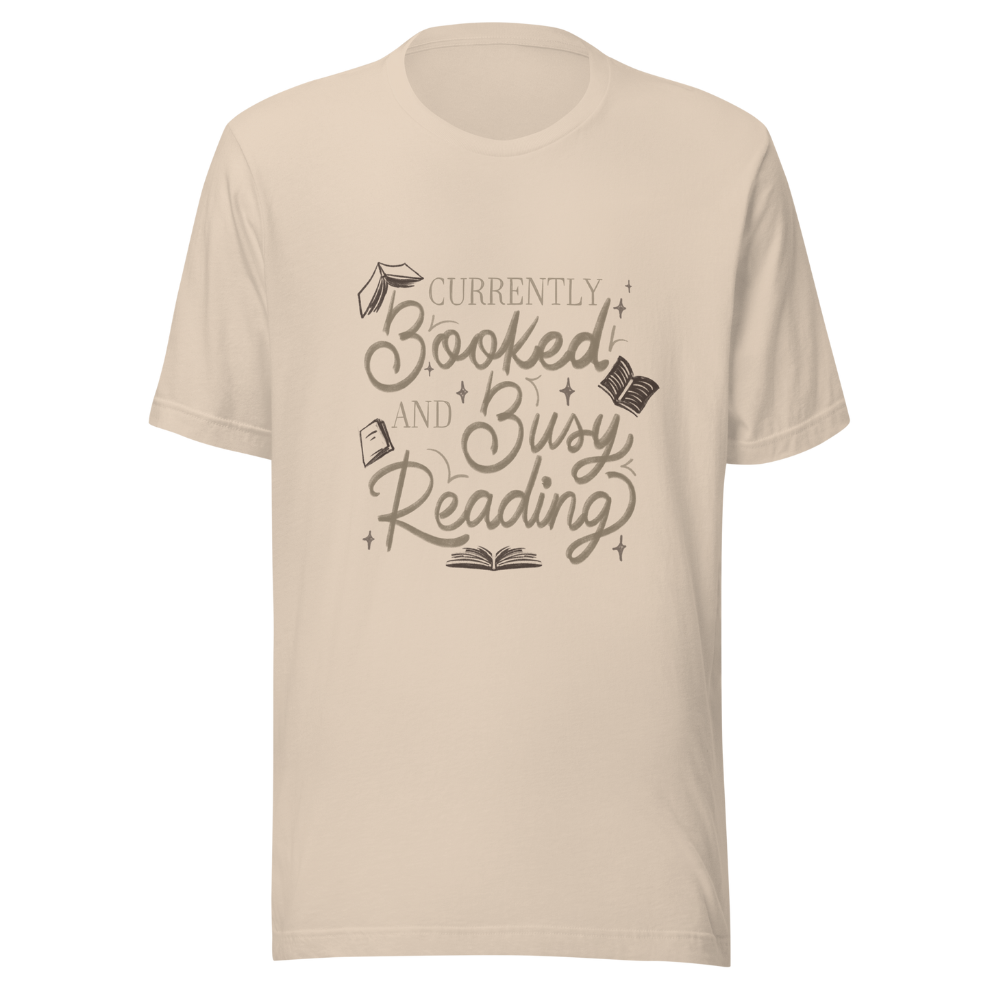 A warm hand-lettered typography featuring the phrase ‘Currently Booked and Busy Reading’, accented with delicate book illustrations and subtle sparkles on a dark background. A cozy, elegant design that celebrates the joy of reading, perfect for book lovers, students, introverts, and anyone who would rather be reading.