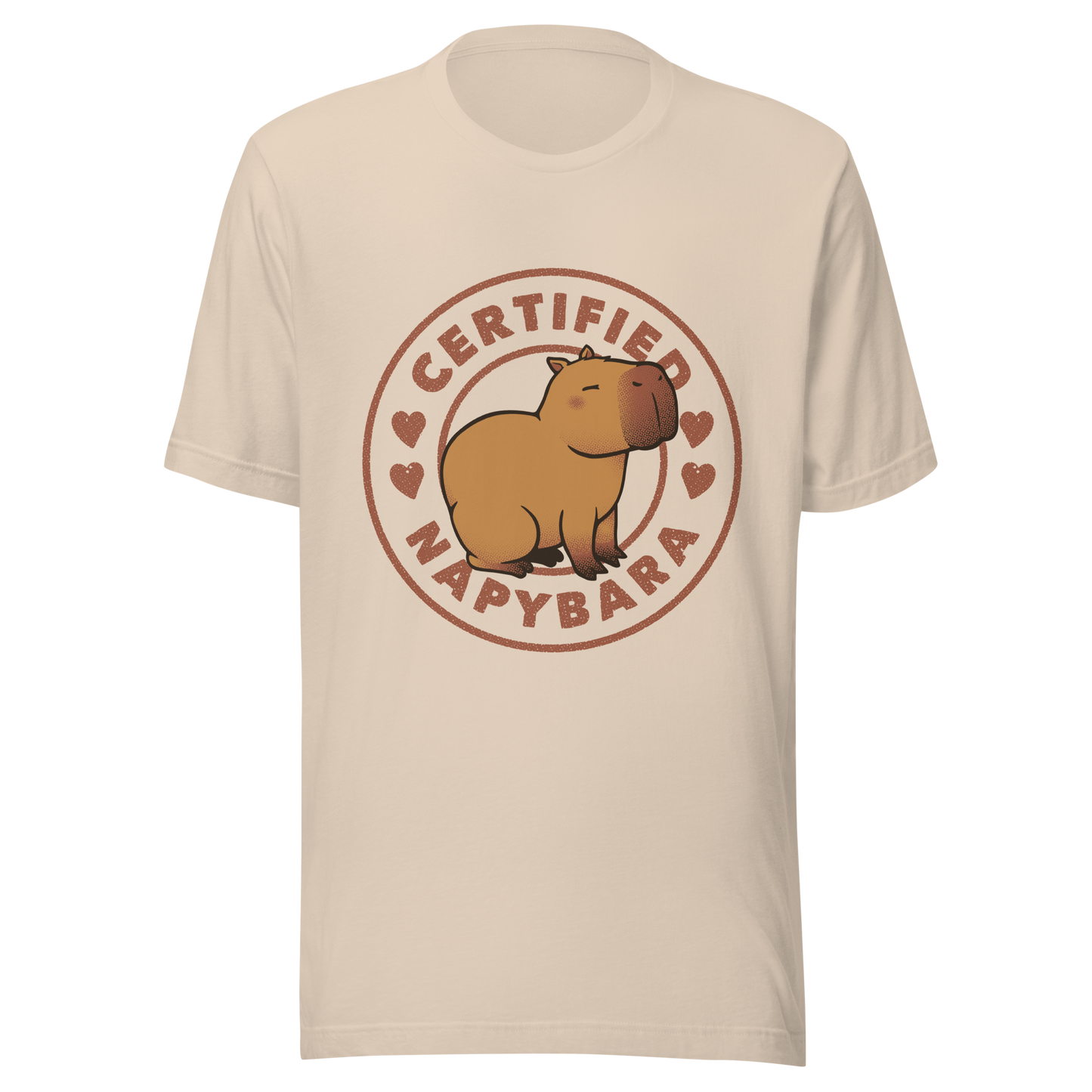An art piece in warm beige and brown tones featuring a relaxed, sleepy capybara sitting peacefully beside the phrase “Certified Napybara”. A cozy, humorous design perfect for anyone who relates to slow days, loves capybaras, and fully embraces the art of taking naps.