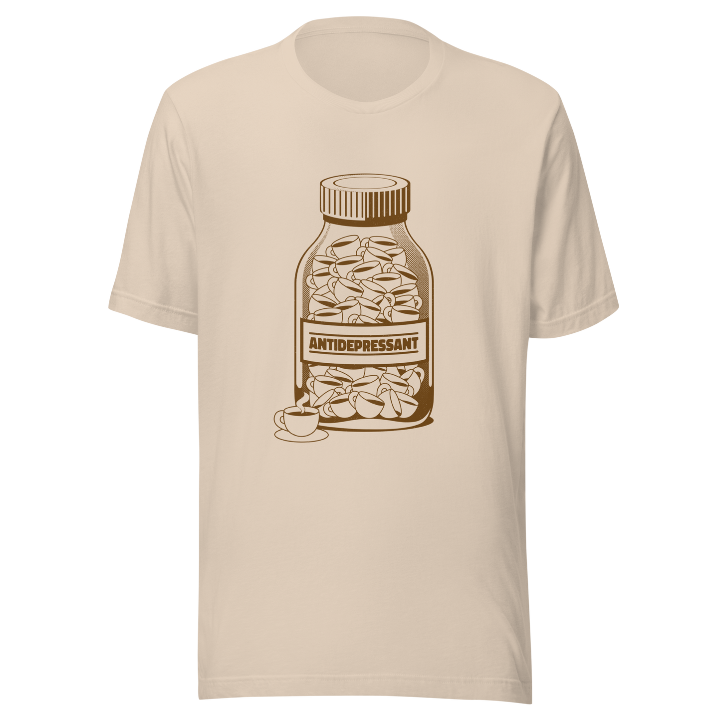 A medicine bottle filled with small coffee cups, labeled ‘antidepressant’. A playful, humorous design that celebrates coffee as a daily mood booster, perfect for coffee lovers who rely on caffeine to feel happier.