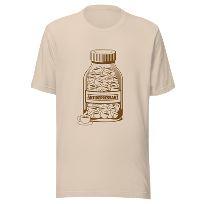 A medicine bottle filled with small coffee cups, labeled ‘antidepressant’. A playful, humorous design that celebrates coffee as a daily mood booster, perfect for coffee lovers who rely on caffeine to feel happier.