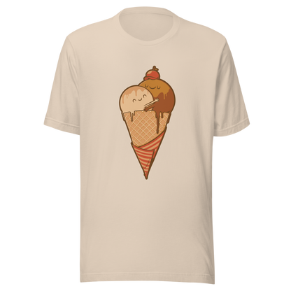 A cute illustration of an ice cream cone and two scoops hugging to form a heart, celebrating love, sweetness, and playful vibes. Perfect for dessert lovers and fans of adorable art.