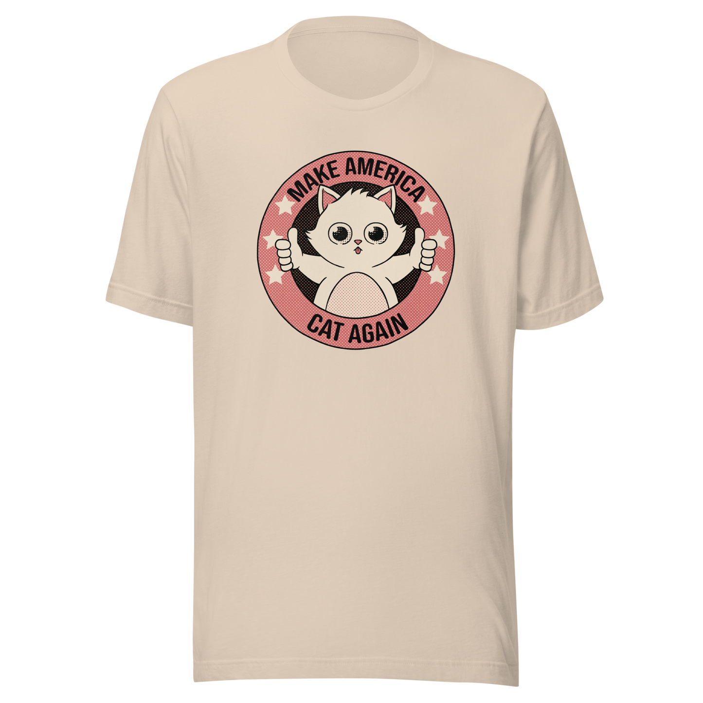 A stamp-style illustration of a cute kitten giving a two-finger thumbs-up, paired with the humorous phrase “Make America Cat Again”. A fun, ironic design for cat lovers and fans of playful pop culture art.