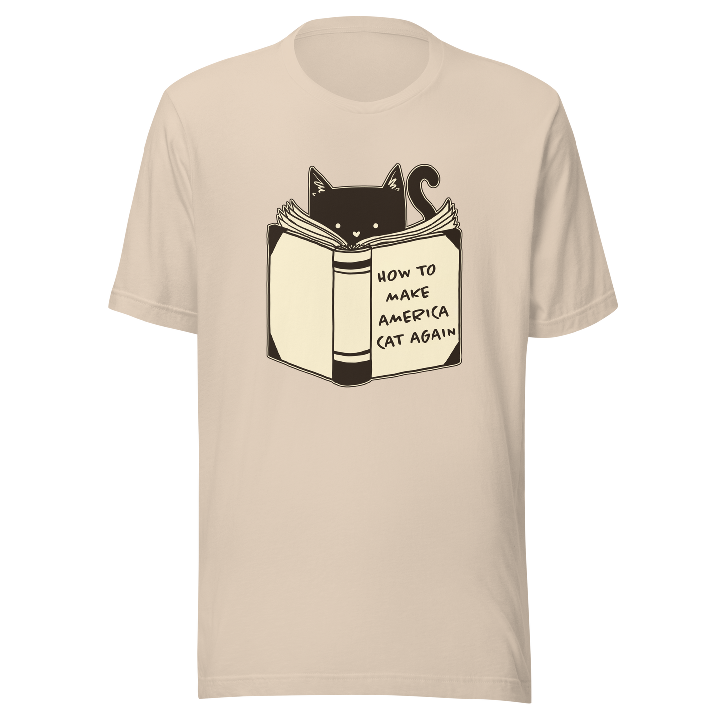A minimalist illustration of a cat reading a book titled “How to Make America Cat Again”. A clean, witty design that blends feline charm with ironic humor, perfect for cat lovers and fans of clever, minimalist art.