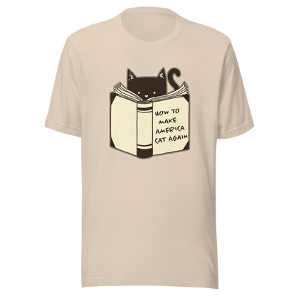 A minimalist illustration of a cat reading a book titled “How to Make America Cat Again”. A clean, witty design that blends feline charm with ironic humor, perfect for cat lovers and fans of clever, minimalist art.