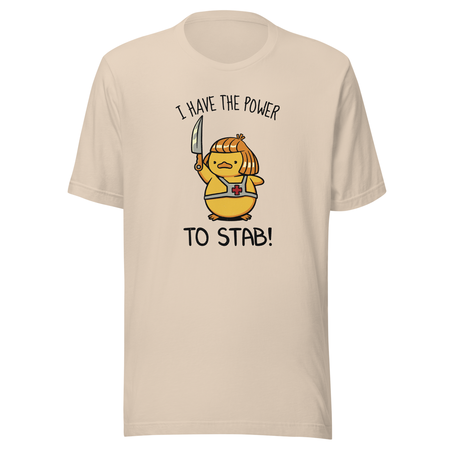 An illustration of a duck inspired by a classic '80s fantasy cartoon hero, dramatically holding a knife like a legendary sword beneath the phrase "I Have The Power To Stab." A fun parody design for fans of retro cartoons, nostalgic pop culture, fantasy adventures, and absurd animal humour.