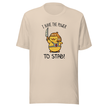 An illustration of a duck inspired by a classic '80s fantasy cartoon hero, dramatically holding a knife like a legendary sword beneath the phrase "I Have The Power To Stab." A fun parody design for fans of retro cartoons, nostalgic pop culture, fantasy adventures, and absurd animal humour.