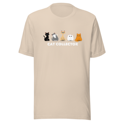 An adorable illustration featuring five kittens sitting side by side: a black kitten, a gray and white kitten, a Siamese, a fluffy white, and an orange cat. Below them, the phrase “Cat Collector” celebrates the joy of loving (and collecting) cats. A playful and charming design perfect for true cat lovers.