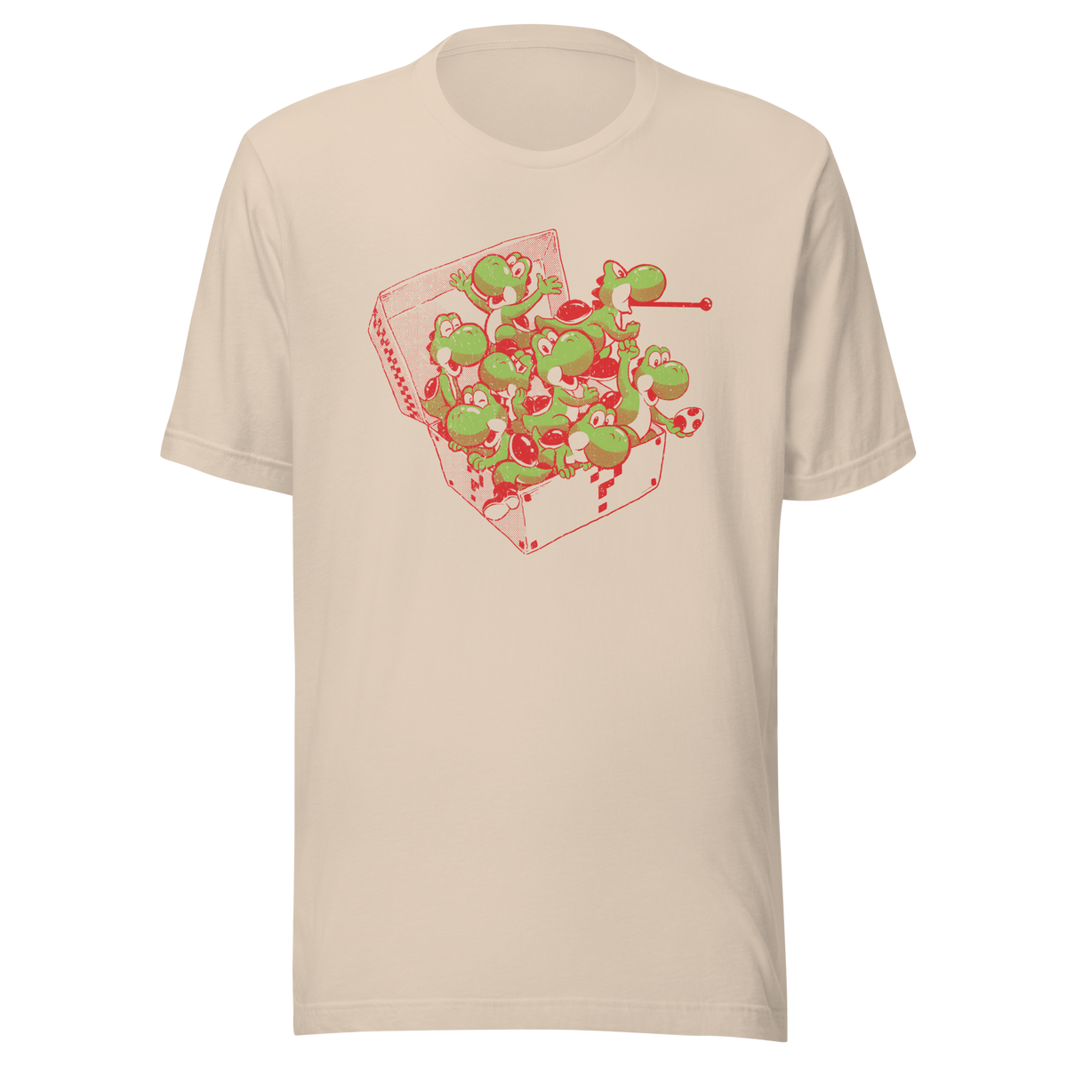Multiple green dinosaurs packed inside an open takeaway box in a playful cartoon composition.