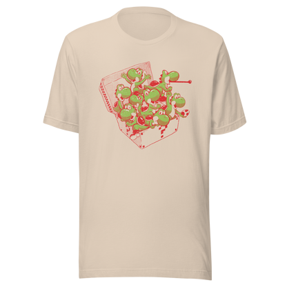 Multiple green dinosaurs packed inside an open takeaway box in a playful cartoon composition.