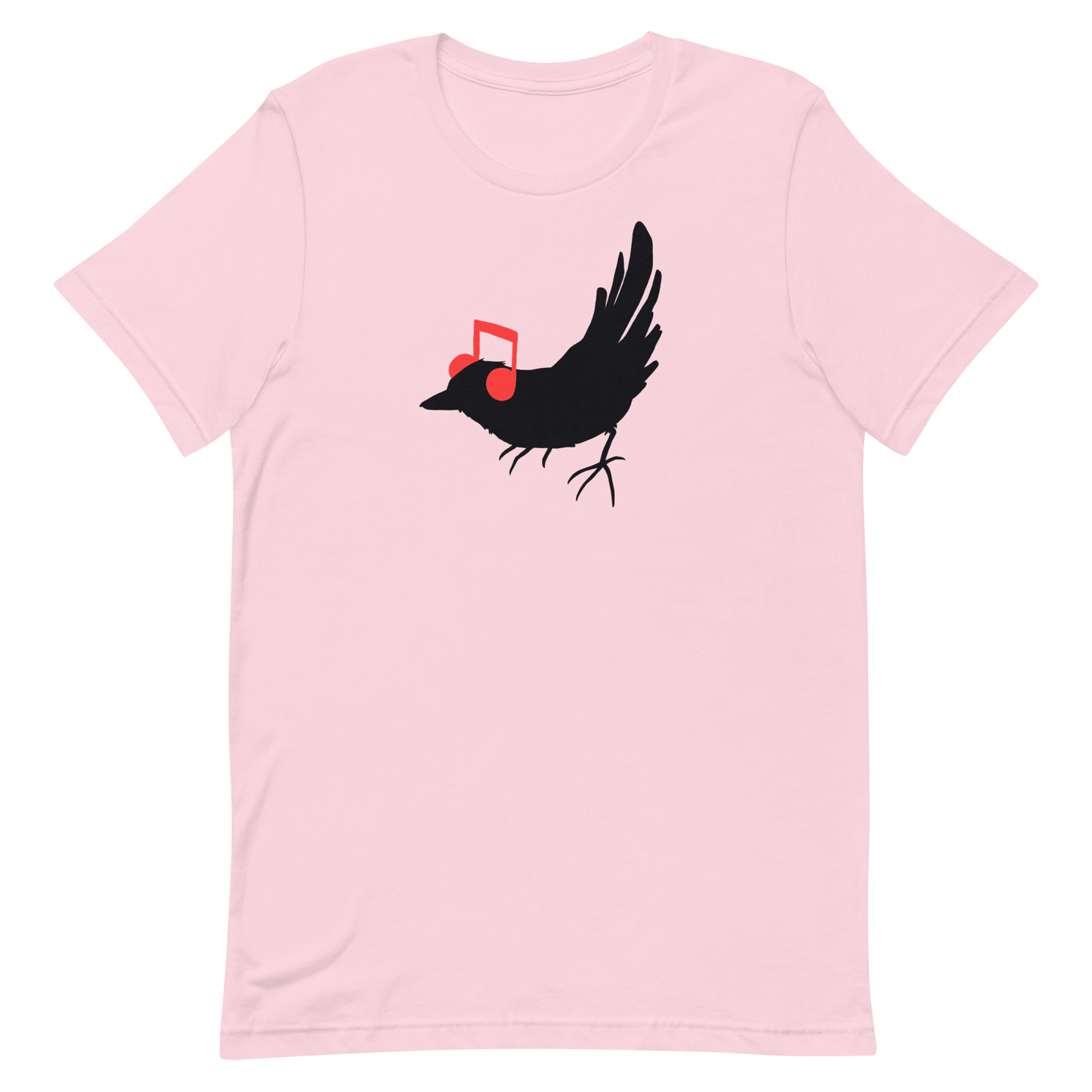 The drawing is a black silhouette of a bird in profile, standing on the ground, with bright red musical notes positioned like headphones over its ears, creating a whimsical and playful contrast. The drawing is simple, using solid colors and minimal details, giving it a modern and fun feel suitable for various merchandise like t-shirts, stickers, coffee cups, and skateboards.