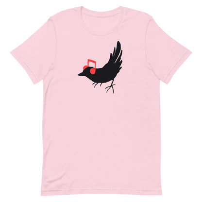 The drawing is a black silhouette of a bird in profile, standing on the ground, with bright red musical notes positioned like headphones over its ears, creating a whimsical and playful contrast. The drawing is simple, using solid colors and minimal details, giving it a modern and fun feel suitable for various merchandise like t-shirts, stickers, coffee cups, and skateboards.