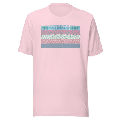 The transgender pride flag reimagined with a variety of textures across each stripe, creating a vibrant artistic take on this iconic symbol. A celebration of pride, visibility, inclusion, and self-expression.