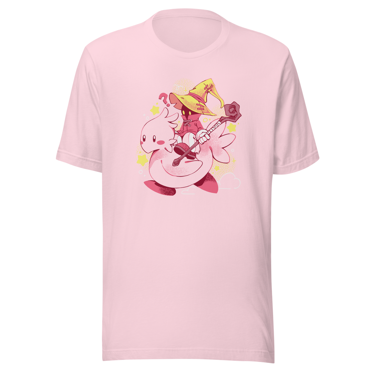 A charming fantasy illustration featuring a tiny wizard riding a soft pink bird through a magical sky. With a whimsical kawaii style, bright pastel colors, and playful fantasy elements, this design captures the joy of adventure and imagination. 