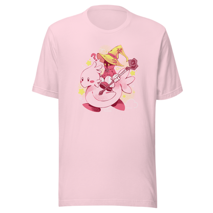 A charming fantasy illustration featuring a tiny wizard riding a soft pink bird through a magical sky. With a whimsical kawaii style, bright pastel colors, and playful fantasy elements, this design captures the joy of adventure and imagination. 