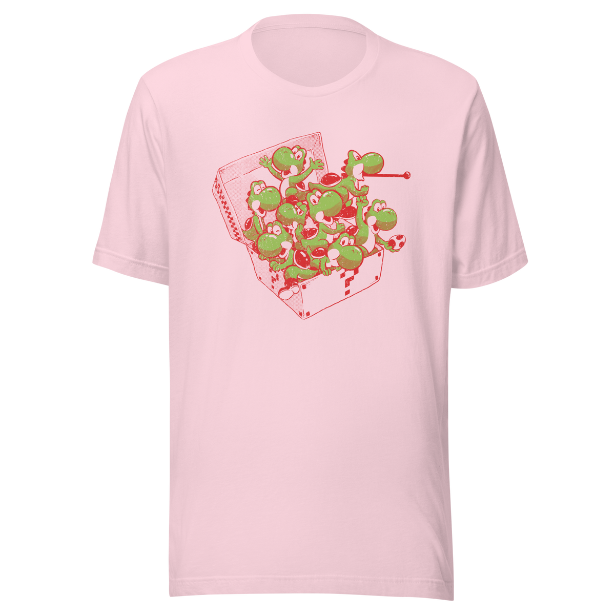 Multiple green dinosaurs packed inside an open takeaway box in a playful cartoon composition.