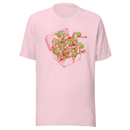 Multiple green dinosaurs packed inside an open takeaway box in a playful cartoon composition.