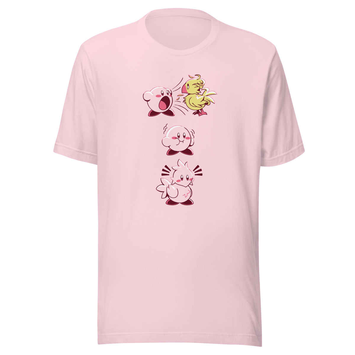 A round, pink character swallows a yellow bird, puffs out its cheeks, and transforms into a bird-like shape, complete with wings and a tail. The three illustrations humorously depict each stage of the transformation.
