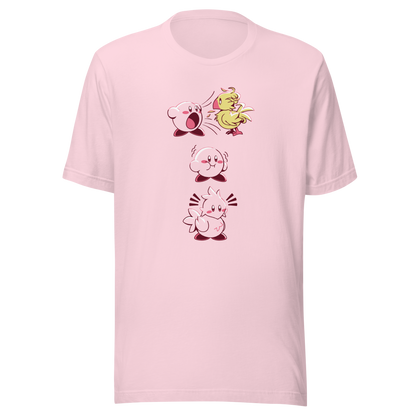 A round, pink character swallows a yellow bird, puffs out its cheeks, and transforms into a bird-like shape, complete with wings and a tail. The three illustrations humorously depict each stage of the transformation.