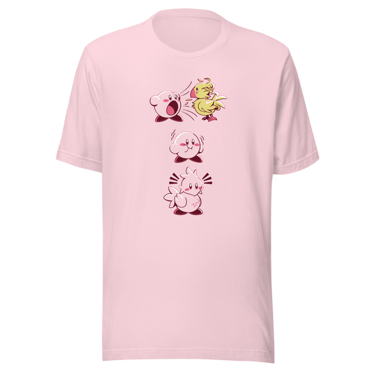 A round, pink character swallows a yellow bird, puffs out its cheeks, and transforms into a bird-like shape, complete with wings and a tail. The three illustrations humorously depict each stage of the transformation.