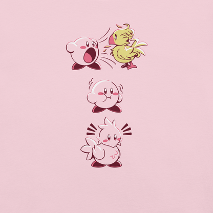 A round character swallows a yellow bird, puffs out its cheeks, and transforms into a bird-like shape, complete with wings and a tail. The three illustrations humorously depict each stage of the transformation.