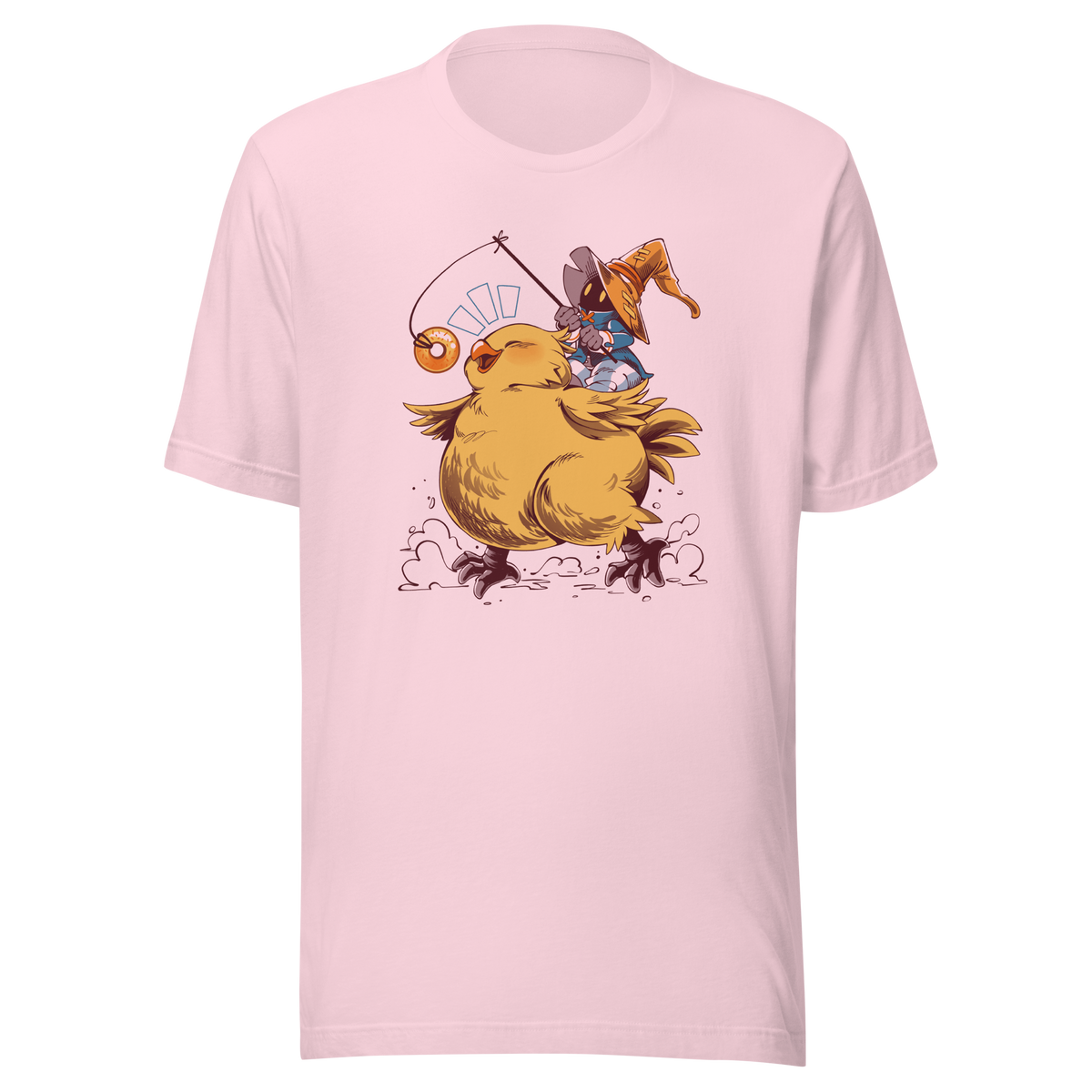 A tiny wizard rides a chunky yellow bird while chasing a dangling donut, mixing cute fantasy chaos, retro RPG charm, and playful adventure in a fun whimsical design.