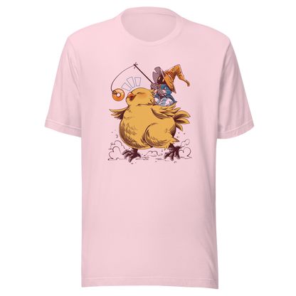 A tiny wizard rides a chunky yellow bird while chasing a dangling donut, mixing cute fantasy chaos, retro RPG charm, and playful adventure in a fun whimsical design.