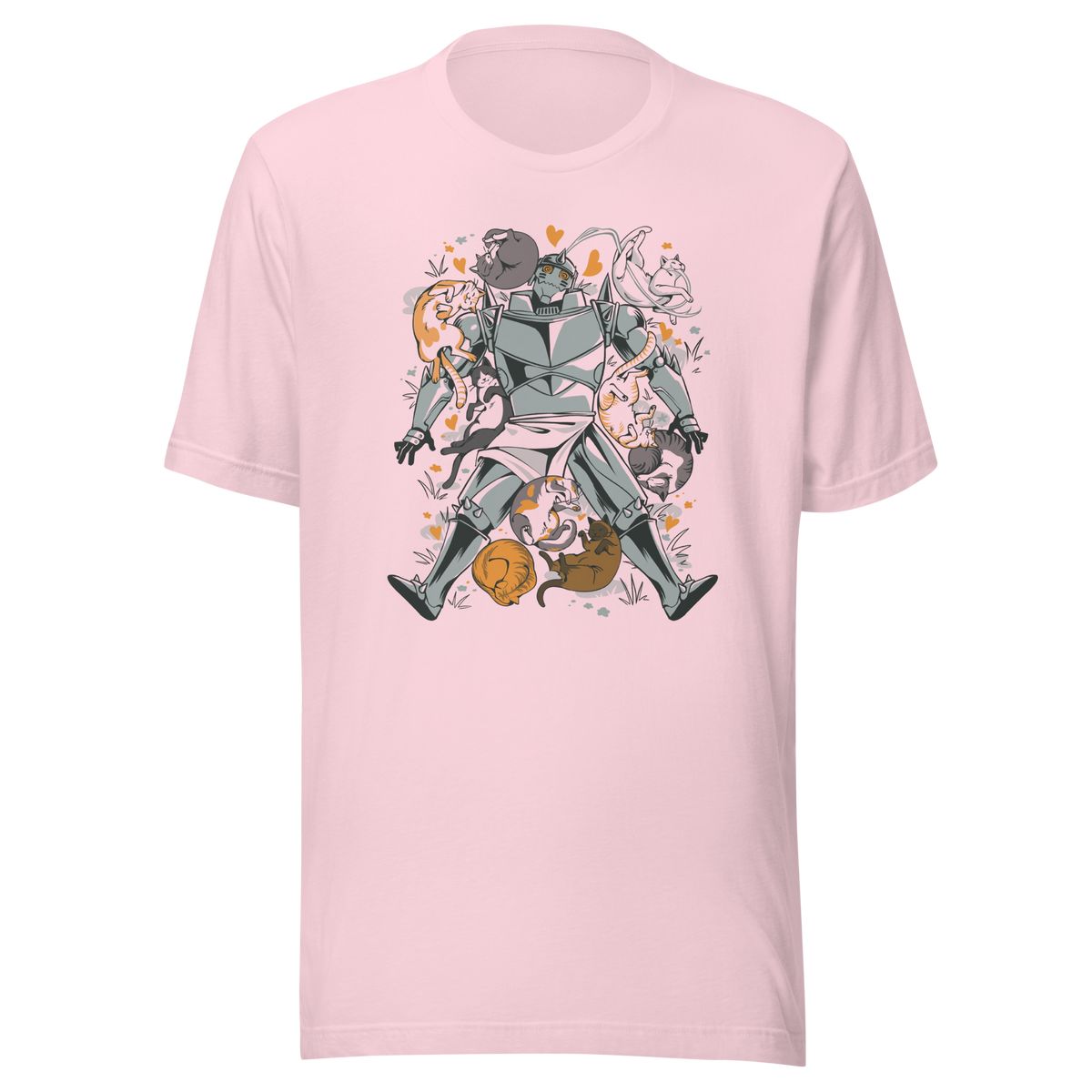 A steel-armored warrior surrounded by sleeping and playful cats, with orange hearts and tiny flowers scattered around. The humorous illustration combines medieval armor with a cozy feline theme.