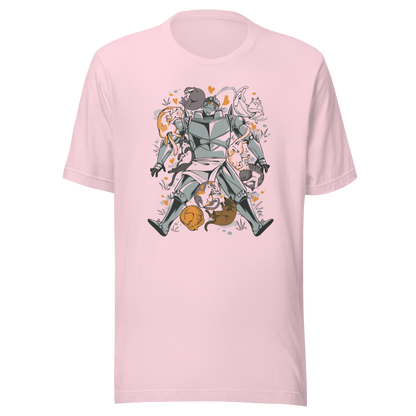 A steel-armored warrior surrounded by sleeping and playful cats, with orange hearts and tiny flowers scattered around. The humorous illustration combines medieval armor with a cozy feline theme.