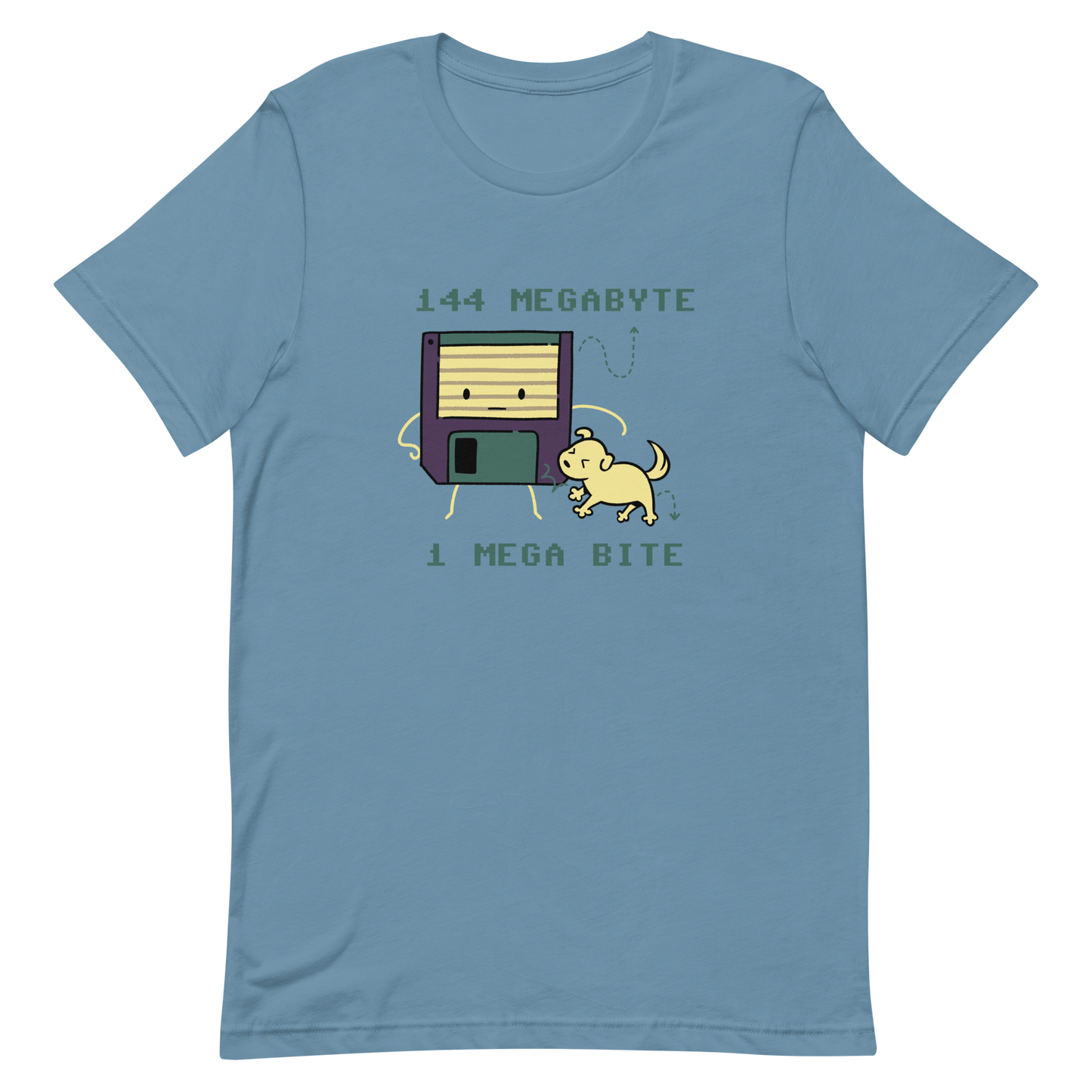 A cute floppy disk stands nervously while a little dog playfully bites its corner, with the text “144 Megabyte / 1 Mega Bite”. This clever pun mixes retro tech nostalgia with a dose of adorable chaos. Perfect for geeks, gamers and anyone who loves a good tech joke.