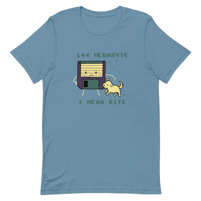 A cute floppy disk stands nervously while a little dog playfully bites its corner, with the text “144 Megabyte / 1 Mega Bite”. This clever pun mixes retro tech nostalgia with a dose of adorable chaos. Perfect for geeks, gamers and anyone who loves a good tech joke.
