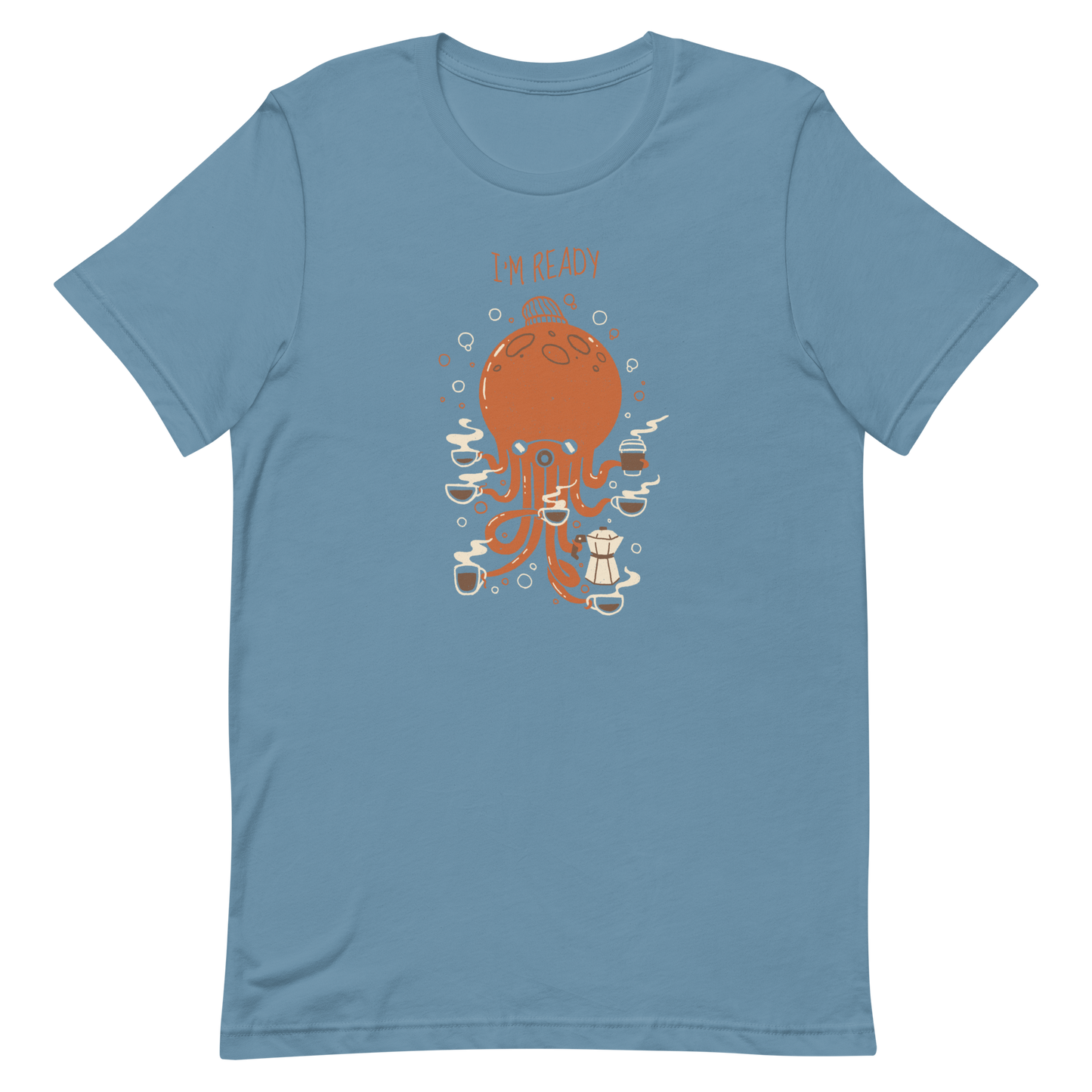 An orange octopus wearing a cap, balancing several cups of steaming coffee on its tentacles. This design blends the marine world with a passion for coffee, creating a fun and energetic scene. Ideal for coffee lovers, fans of funny illustrations, and anyone who needs a stylish morning pick-me-up.