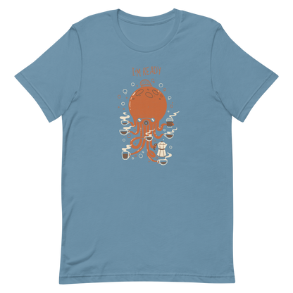 An orange octopus wearing a cap, balancing several cups of steaming coffee on its tentacles. This design blends the marine world with a passion for coffee, creating a fun and energetic scene. Ideal for coffee lovers, fans of funny illustrations, and anyone who needs a stylish morning pick-me-up.