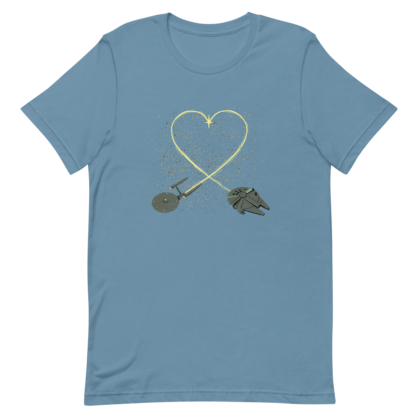 A romantic sci-fi illustration of two retro-inspired spaceships flying through space, their trails forming a heart shape. A subtle tribute to classic science fiction adventures, perfect for sci-fi fans who love a touch of romance.