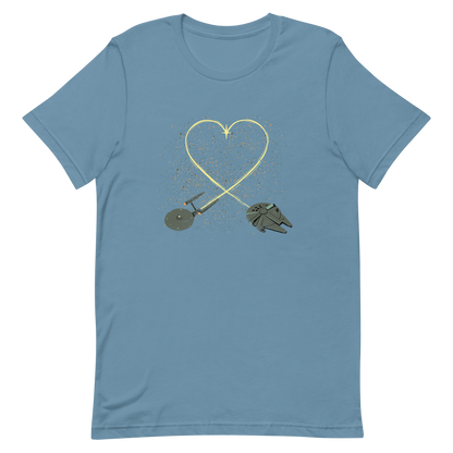 A romantic sci-fi illustration of two retro-inspired spaceships flying through space, their trails forming a heart shape. A subtle tribute to classic science fiction adventures, perfect for sci-fi fans who love a touch of romance.
