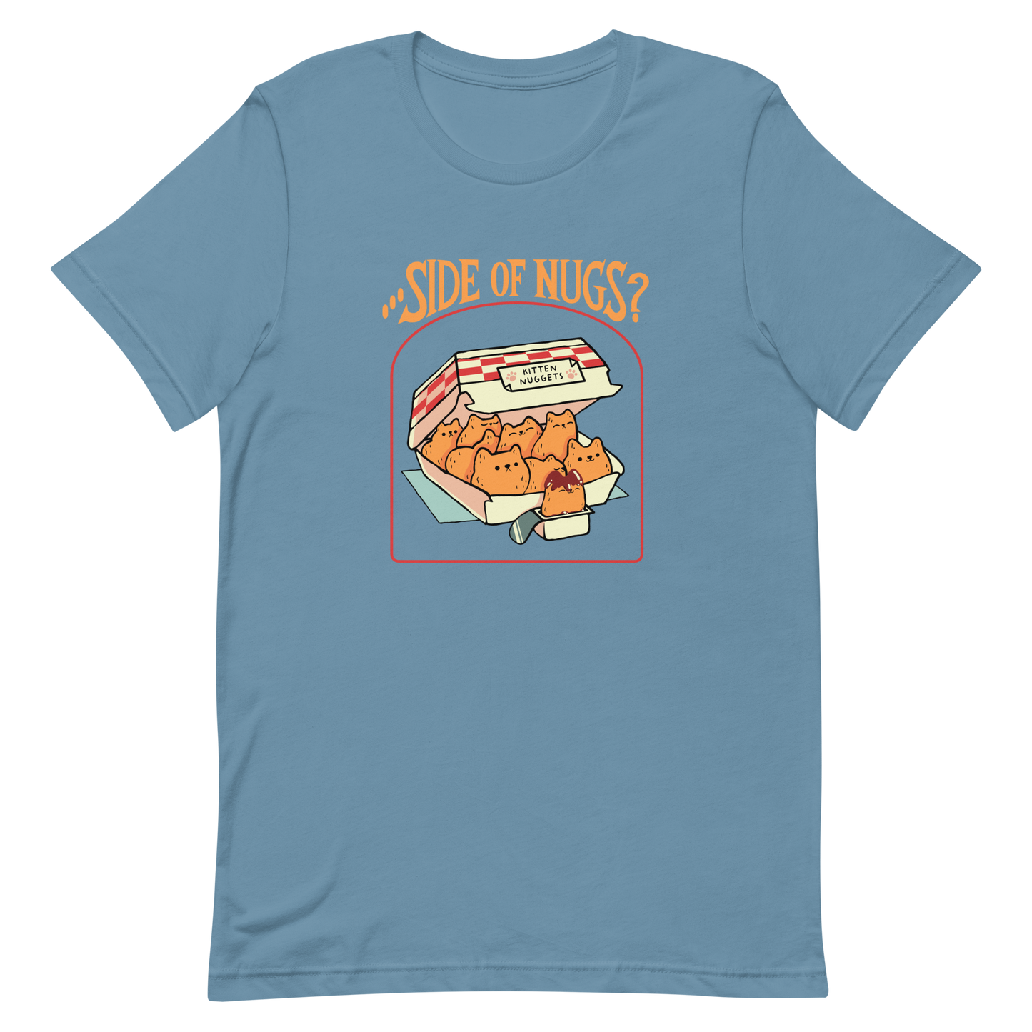 A box of cute, cat-shaped chicken nuggets, with the text "side of nugs?" on top. A work of art that blends humor, kittens, and fast food.
