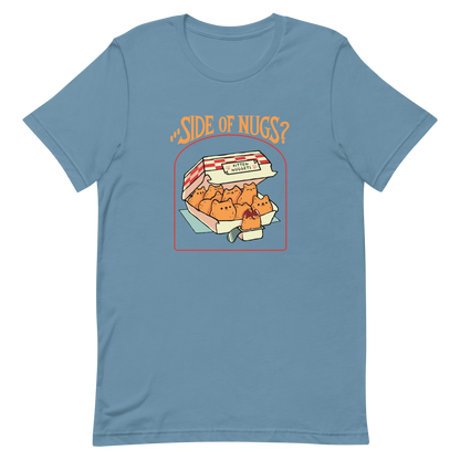 A box of cute, cat-shaped chicken nuggets, with the text "side of nugs?" on top. A work of art that blends humor, kittens, and fast food.