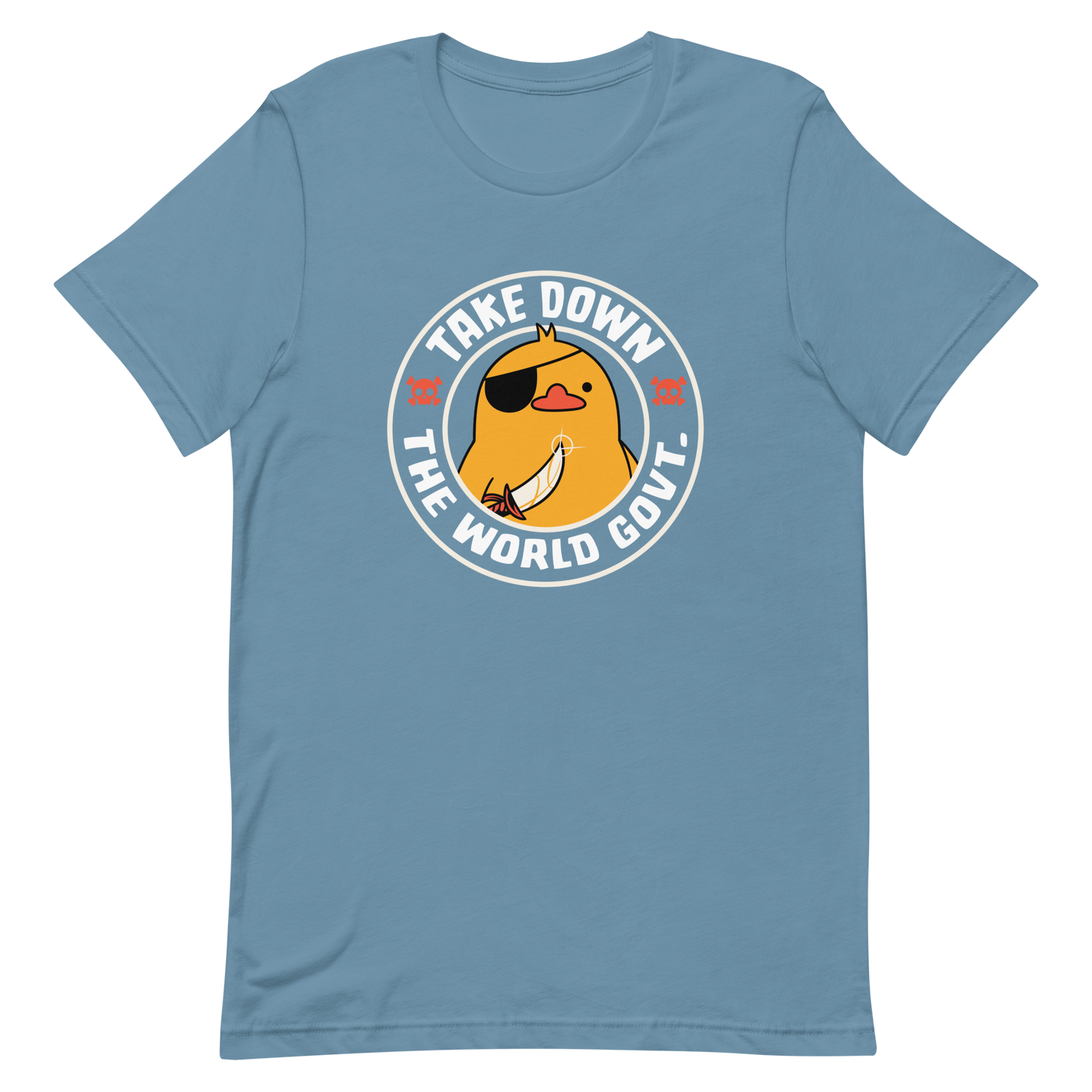 A stamp-like design featuring a fearless duck wearing an eyepatch and wielding a sword, with the words “Take Down The World Govt.” written around it. This artwork represents rebellion and independence for those who refuse to follow rules . Ideal for free-spirited people, pirate adventures appreciators, duck lovers or those who simply enjoy unique and irreverent art.