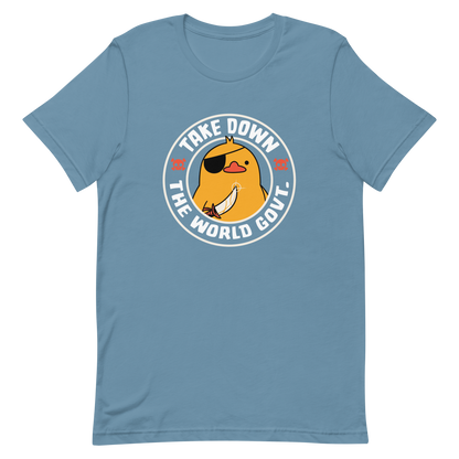 A stamp-like design featuring a fearless duck wearing an eyepatch and wielding a sword, with the words “Take Down The World Govt.” written around it. This artwork represents rebellion and independence for those who refuse to follow rules . Ideal for free-spirited people, pirate adventures appreciators, duck lovers or those who simply enjoy unique and irreverent art.