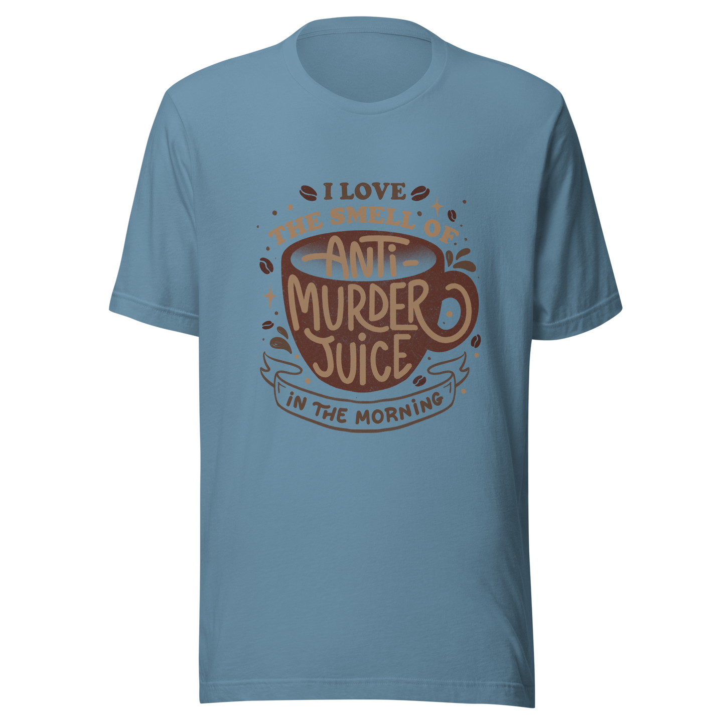 The artwork features a stylized mug in earthy tones with the lettering "I love the smell of anti-murder juice in the morning", creating a strong and well-defined visual. The art transforms coffee into the famous "anti-murder juice", playfully referencing the acidic humor of those who only function after caffeine. Ideal for coffee lovers, those who appreciate retro design, expressive lettering, and humorous prints.