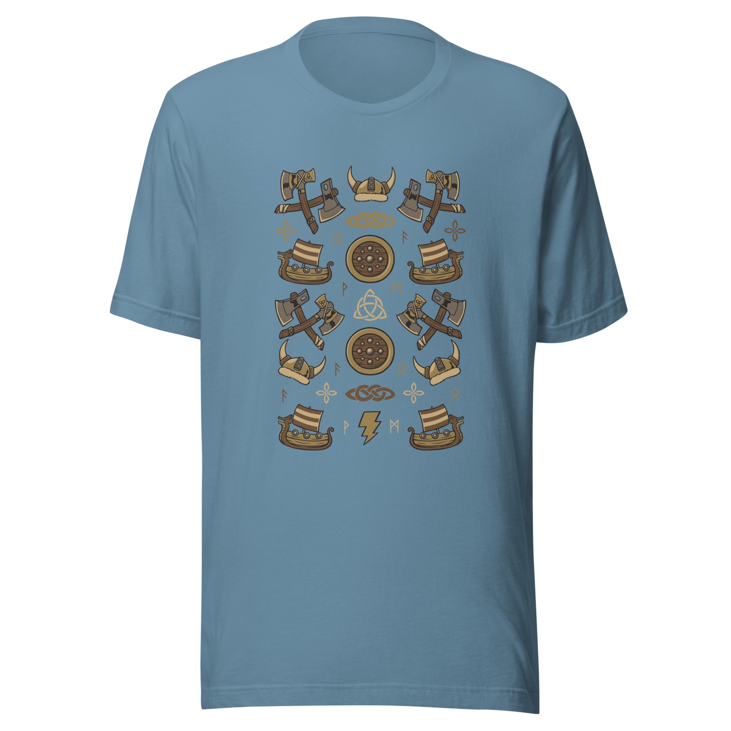 The artwork features a symmetrical illustration with axes, wooden shields, Viking helmets, longships, and runes in earthy tones on a dark background. Each element reinforces the classic Nordic aesthetic, blending iconic symbols with a detailed and super harmonious cartoon style. Perfect for fans of Viking culture, Norse mythology, RPGs, and anyone who loves prints with an epic and stylized vibe.