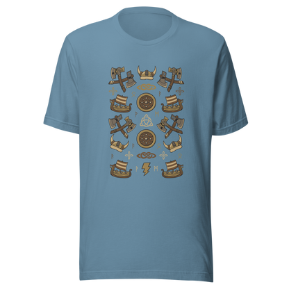 The artwork features a symmetrical illustration with axes, wooden shields, Viking helmets, longships, and runes in earthy tones on a dark background. Each element reinforces the classic Nordic aesthetic, blending iconic symbols with a detailed and super harmonious cartoon style. Perfect for fans of Viking culture, Norse mythology, RPGs, and anyone who loves prints with an epic and stylized vibe.