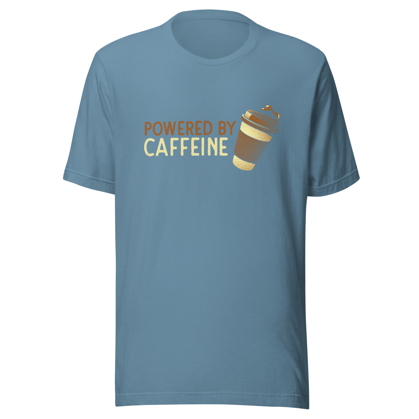A steaming coffee cup tilts playfully beside the phrase “Powered by Caffeine,” written in bold, vintage-style lettering. This design perfectly captures the spirit of those who run entirely on coffee and determination. Ideal for caffeine lovers, coffee addicts and anyone who can’t start the day without their favorite brew.