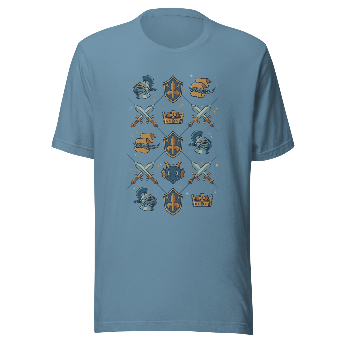 The artwork features swords, knight's helmets, crowns and dragons. Blending medieval fantasy with classic symbols of bravery, royalty, and magic, creating a strong and elegant composition. Ideal for fans of epic fantasy, knights, dragons, and anyone who loves prints with a heroic and stylish vibe.