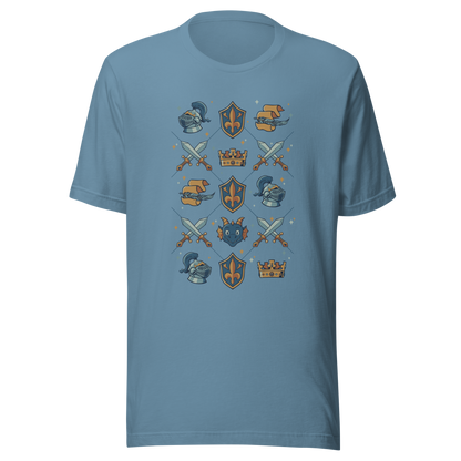 The artwork features swords, knight's helmets, crowns and dragons. Blending medieval fantasy with classic symbols of bravery, royalty, and magic, creating a strong and elegant composition. Ideal for fans of epic fantasy, knights, dragons, and anyone who loves prints with a heroic and stylish vibe.
