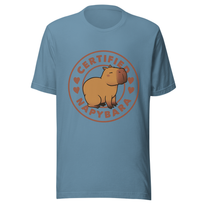 An art piece in warm beige and brown tones featuring a relaxed, sleepy capybara sitting peacefully beside the phrase “Certified Napybara”. A cozy, humorous design perfect for anyone who relates to slow days, loves capybaras, and fully embraces the art of taking naps.