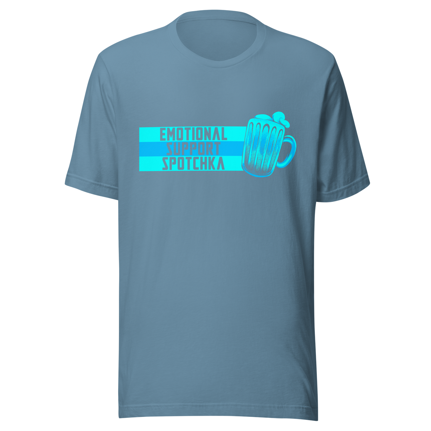The design features a stylized mug filled with a frothy beverage, colored in vibrant shades of blue. Next to the mug, bold text reads 'EMOTIONAL SUPPORT SPOTCHKA'. The use of color and font style gives it a playful, pop-culture vibe, hinting at something fantastical or sci-fi influenced.