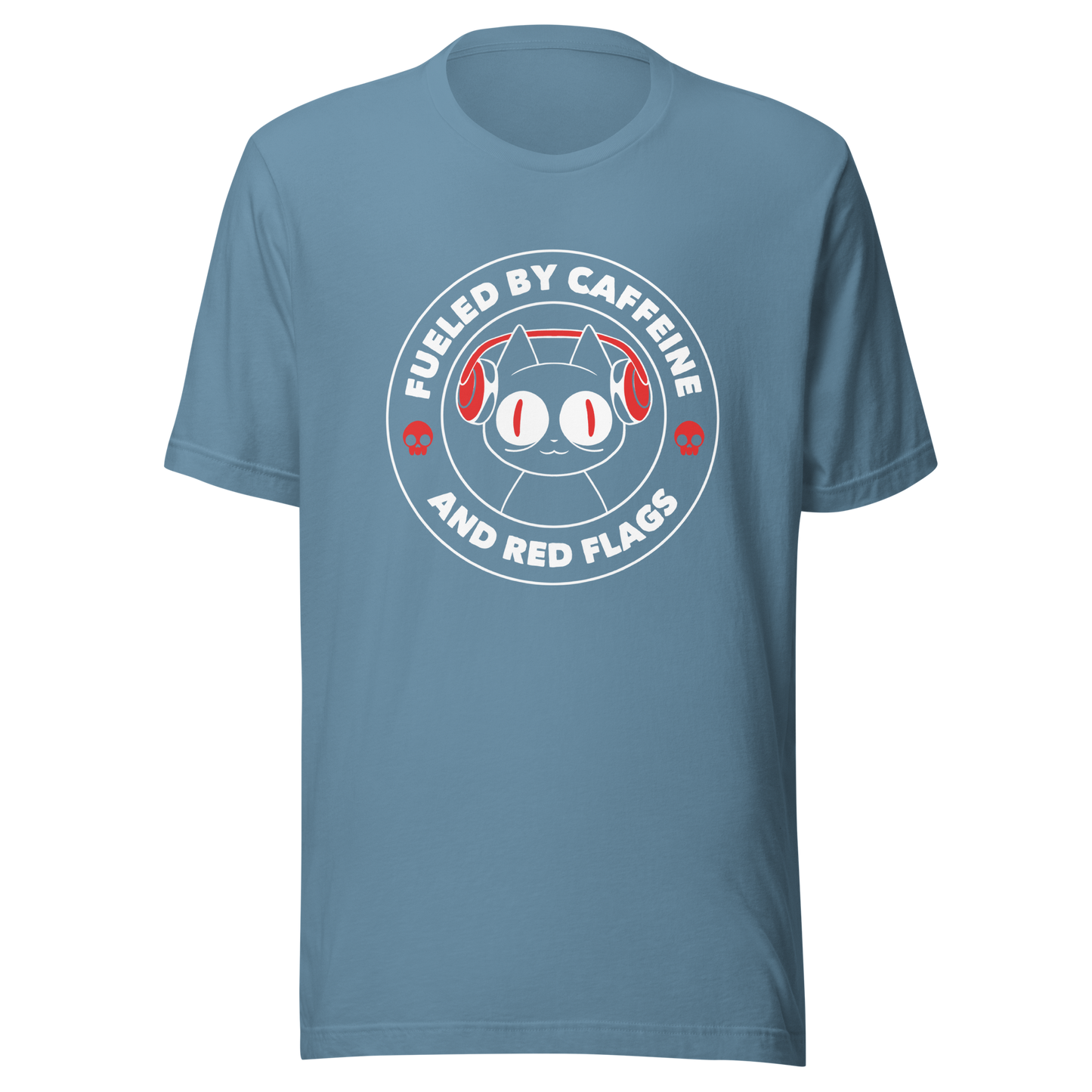 A stamp-style illustration of a black cat wearing headphones, featuring the phrase “Fueled by Caffeine and Red Flags”. A humorous and ironic design perfect for coffee lovers, chaotic souls, and anyone who embraces their red flags with style.