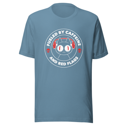 A stamp-style illustration of a black cat wearing headphones, featuring the phrase “Fueled by Caffeine and Red Flags”. A humorous and ironic design perfect for coffee lovers, chaotic souls, and anyone who embraces their red flags with style.